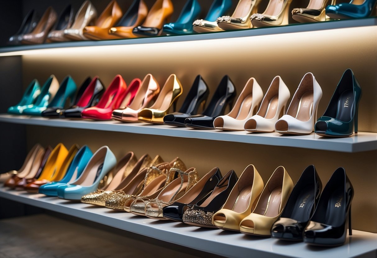 A display of top 10 designer heels and pumps arranged on a sleek, modern shelf with soft, ambient lighting highlighting their elegant and luxurious details