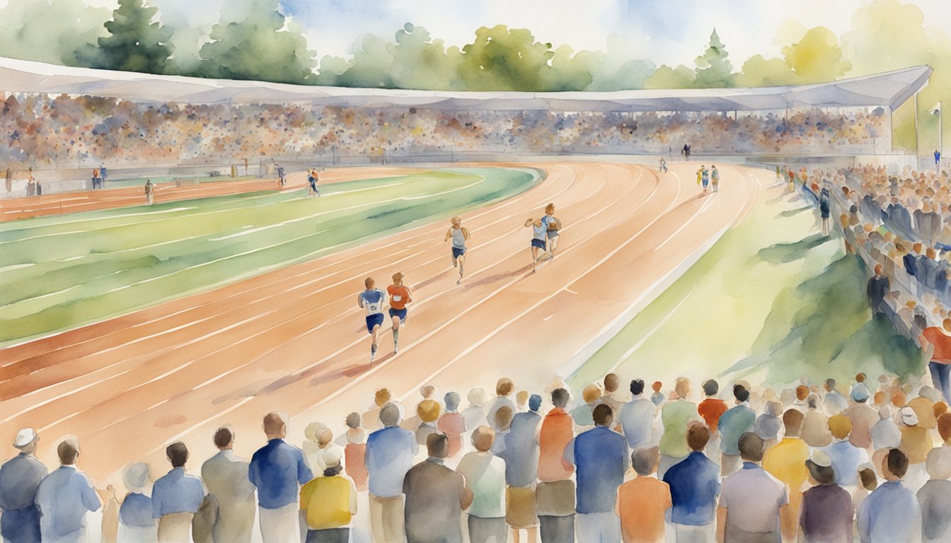 Athletic track with officials overseeing race, crowd cheering, and athletes competing in pedestrianism event