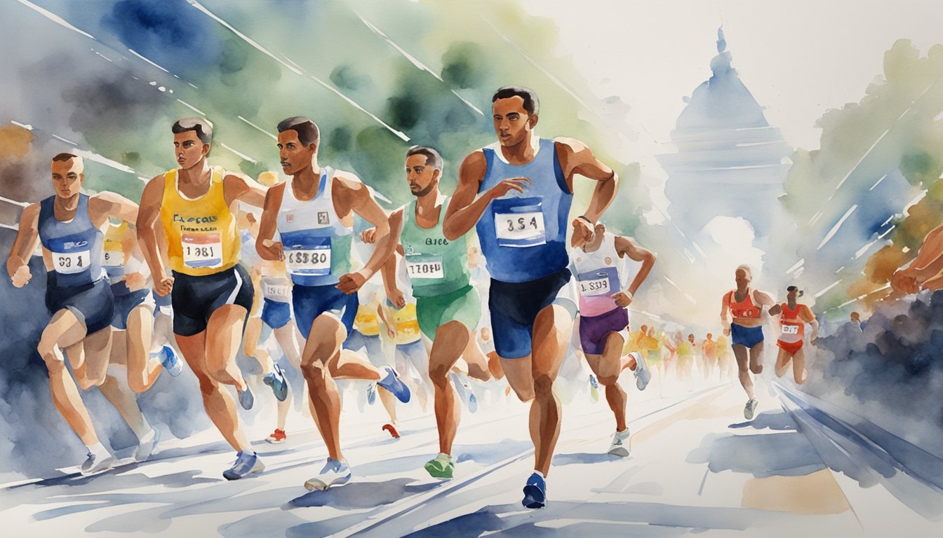 Athletes compete on a sleek, modern track under the watchful eye of governing officials.</p><p>The atmosphere is charged with intensity and determination as competitors strive for victory in the world of pedestrianism