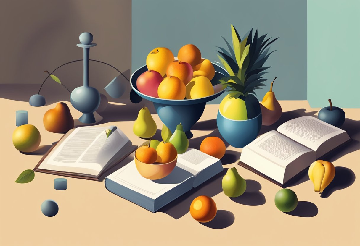 A still life setup with a variety of objects, such as fruits, vases, and books, arranged in a balanced composition with interesting lighting and shadows
