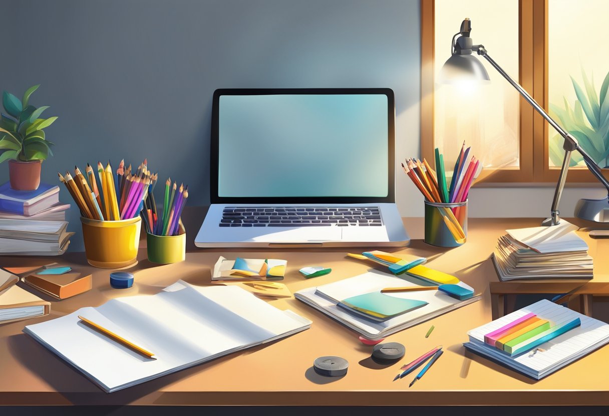A cluttered desk with pencils, erasers, sharpeners, and sketchbooks. A bright light illuminates the workspace, casting shadows on the tools