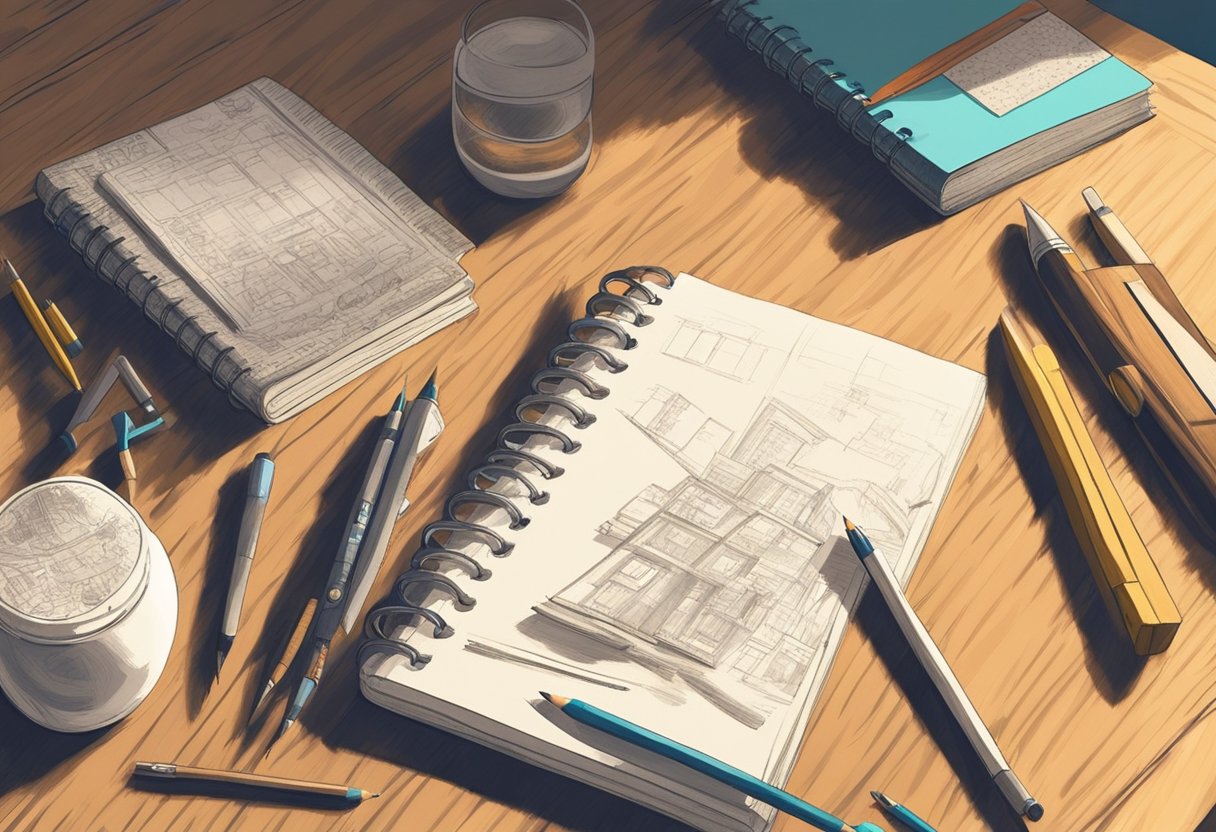 A hand holding a pencil, sketchbook, eraser, and ruler on a wooden desk with various drawing tools scattered around. Light shines through a window, casting shadows on the objects
