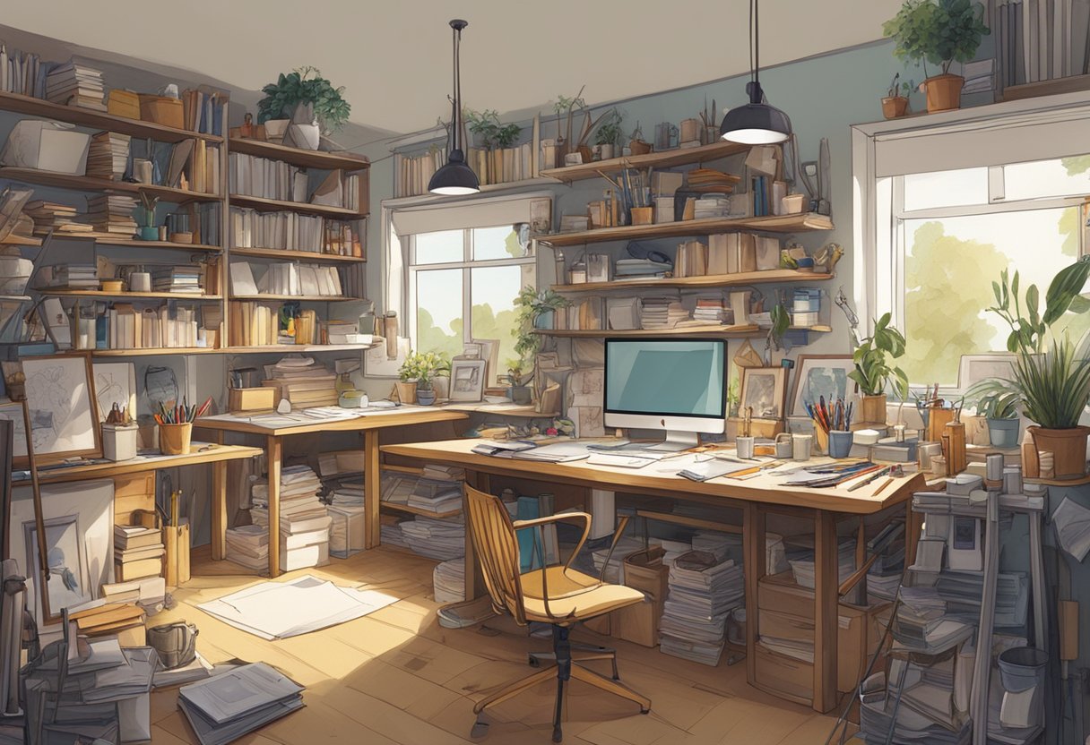 A cluttered drawing studio with various tools, books, and sketches scattered around. A large, well-lit worktable sits in the center, surrounded by shelves filled with art supplies