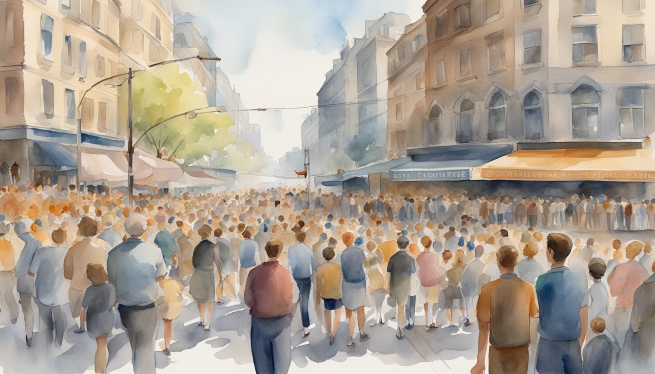 A crowded city street with onlookers watching as athletes train for pedestrianism, while a banner above advertises the upcoming public spectacle