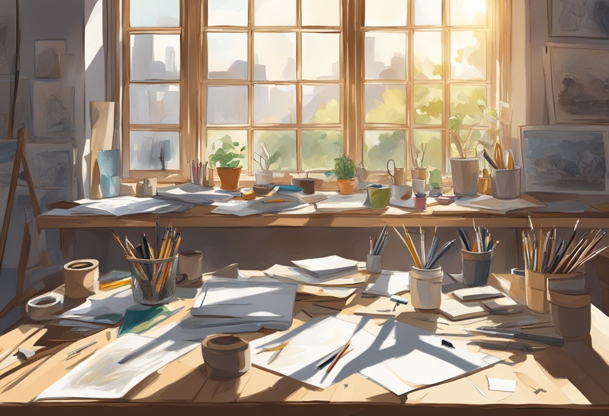 A cluttered art studio with various drawing tools scattered on a wooden table. Sunlight streaming through a large window, casting shadows on the sketches pinned to the wall