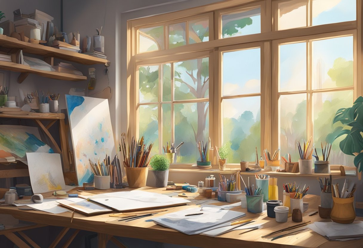 A cluttered art studio with various drawing tools and materials scattered on a wooden table, a large window letting in natural light, and sketches pinned to the walls for inspiration