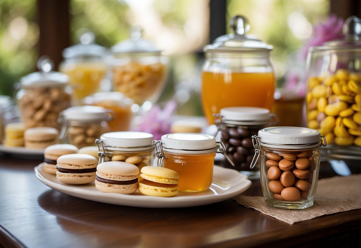 A table displays various baby shower favor ideas, including mini jars of honey, colorful macarons, and small bags of chocolate-covered almonds