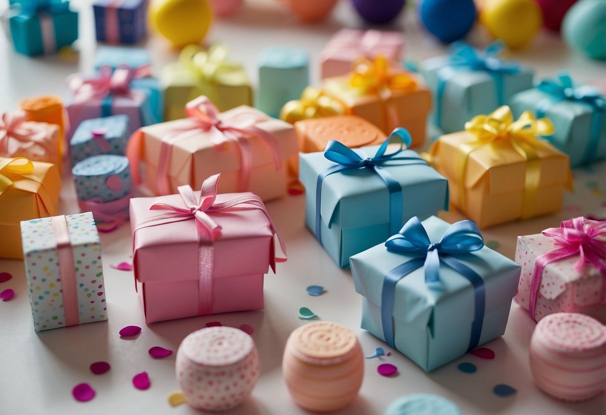 Colorful baby shower favors arranged on a table with playful decorations and confetti. Laughter and excitement fill the room as guests admire the cute and creative gifts