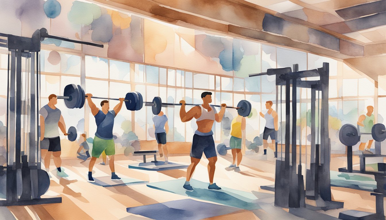 Pedestrian athletes lifting weights in a gym, surrounded by exercise equipment and motivational posters