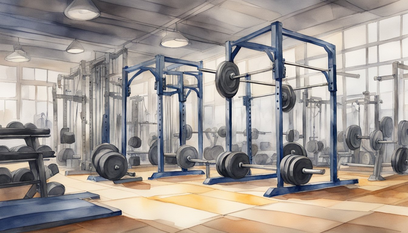 A weightlifting bar loaded with plates sits on a gym floor, surrounded by various strength training equipment and machines