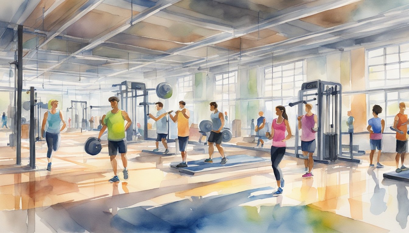 Pedestrian athletes train with weights, resistance bands, and gym equipment in a spacious, well-lit training facility