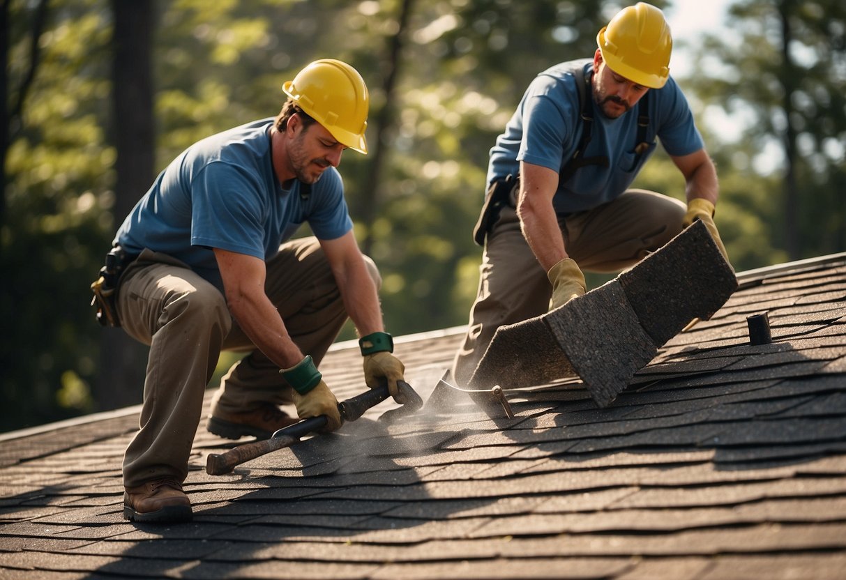 A crew of workers is removing old shingles and installing new ones on a suburban house in Forest Park, GA. The sun is shining, and the sound of hammers fills the air