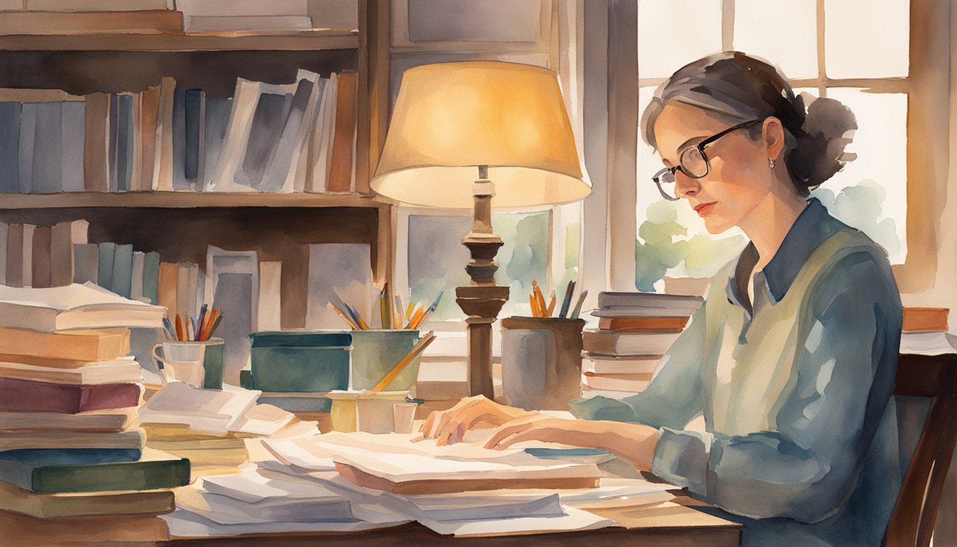 Ada Anderson sits at her cluttered desk, surrounded by books and papers.</p><p>The warm glow of a desk lamp illuminates her focused expression as she works diligently