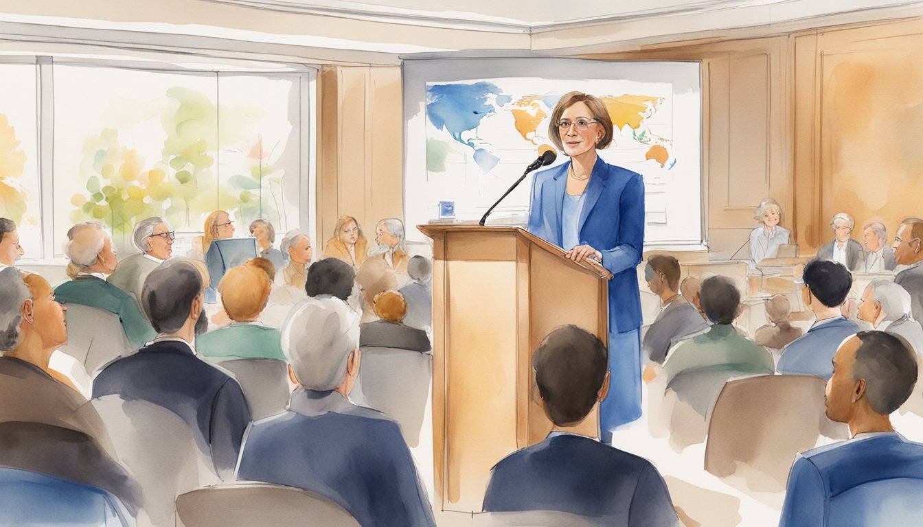 Ada Anderson speaks at a podium, surrounded by a diverse audience.</p><p>Charts and graphs highlight her professional achievements and advocacy work