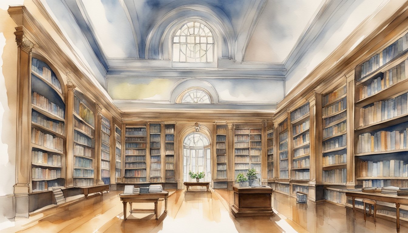 A grand library filled with books and awards, a plaque with Ada Anderson's name, and a portrait of her hanging proudly on the wall