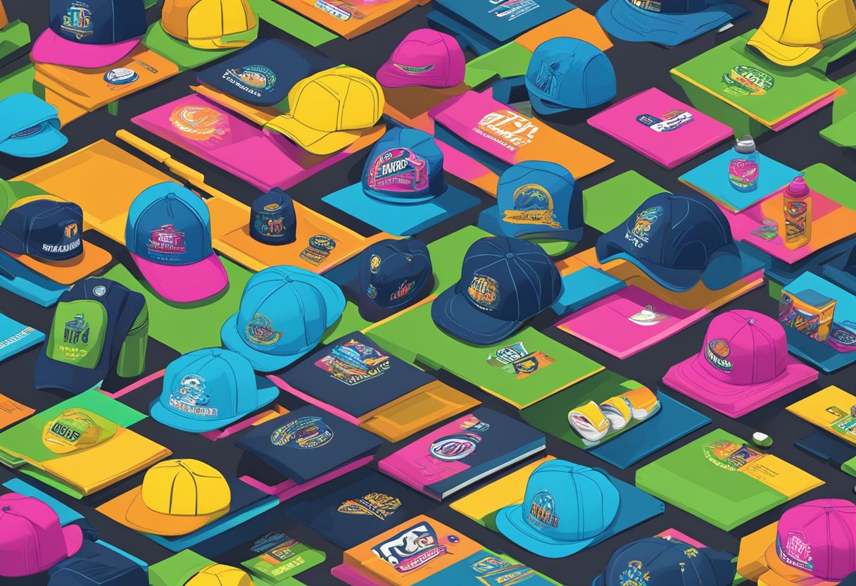 A table with branded merchandise: t-shirts, hats, and water bottles. Bright colors and bold logos