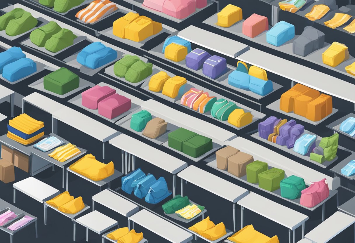 A table displays branded merchandise. A person arranges items in neat rows, ready for distribution