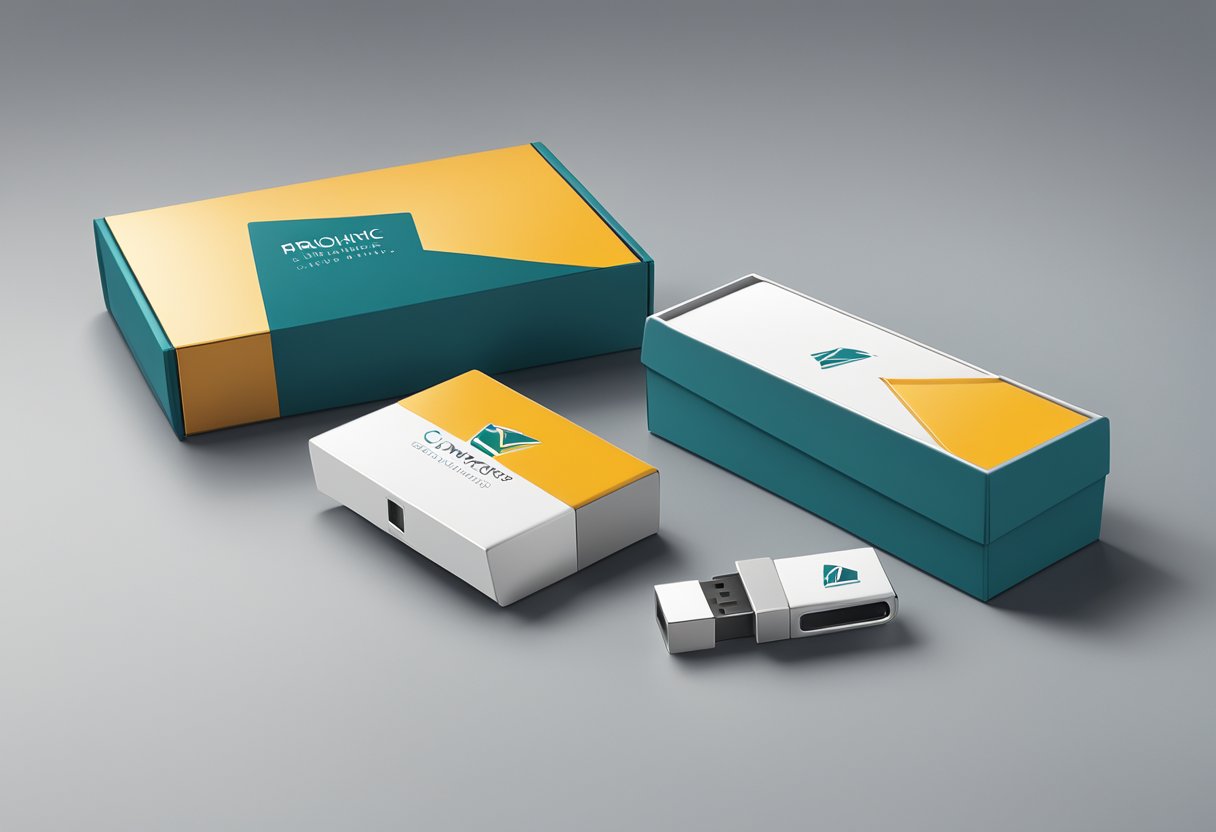 A thumb drive is being placed in a sleek corporate gift box, with the company logo prominently displayed on the lid