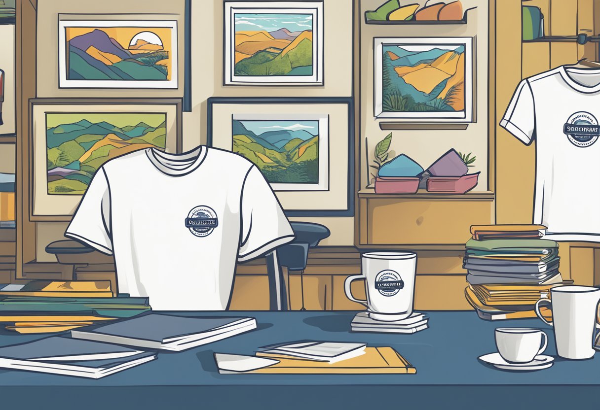 A table with branded merchandise: t-shirts, mugs, stickers, and tote bags, all featuring the "Frequently Asked Questions" logo
