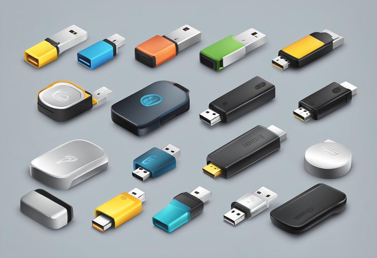 A table with various thumb drives in different colors and designs, alongside a computer and logo branding materials