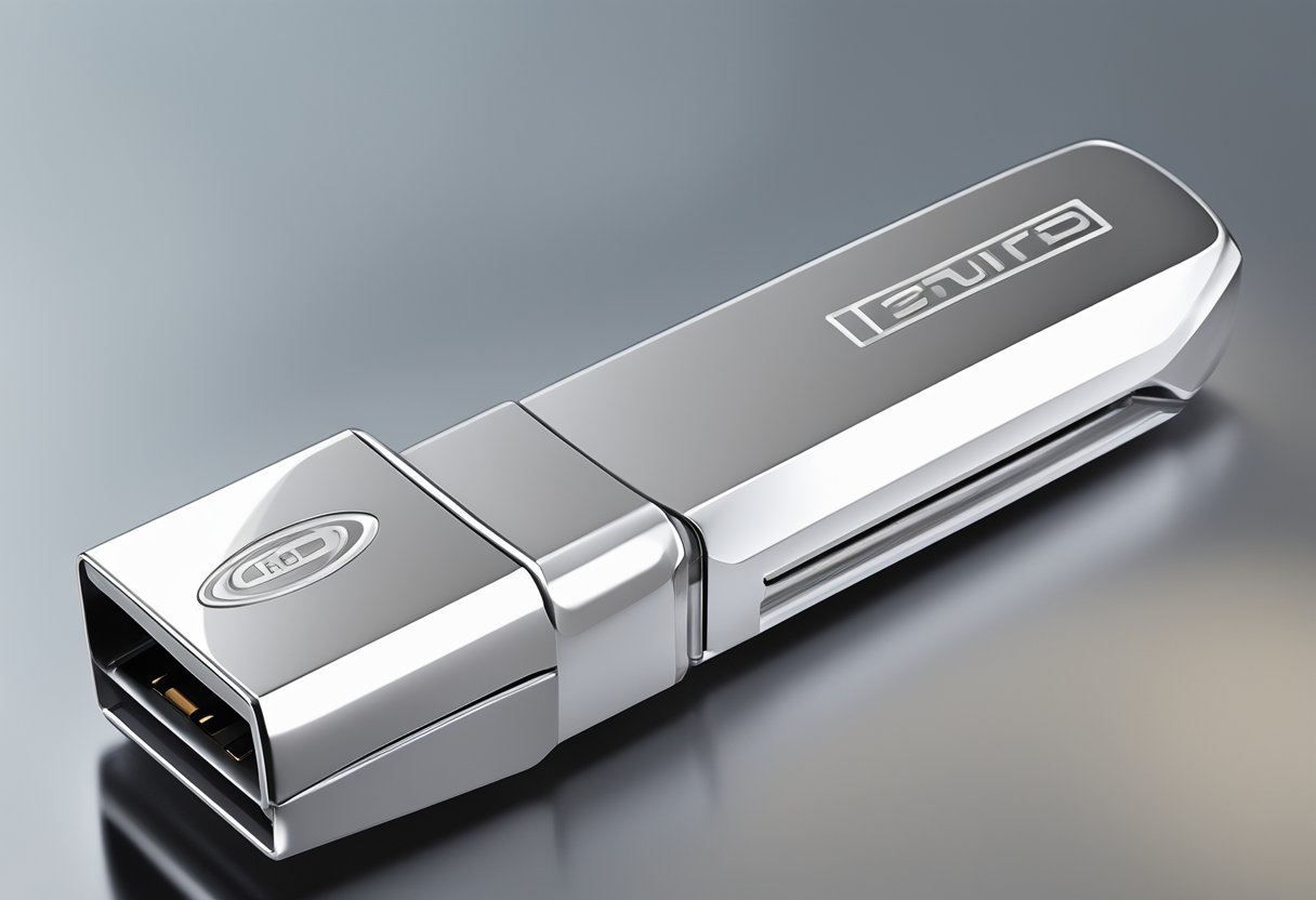 A sleek, silver thumb drive sits on a polished desk, with the company logo engraved on its surface. Rays of light reflect off its metallic casing, showcasing its high-quality finish and the technological prowess it represents