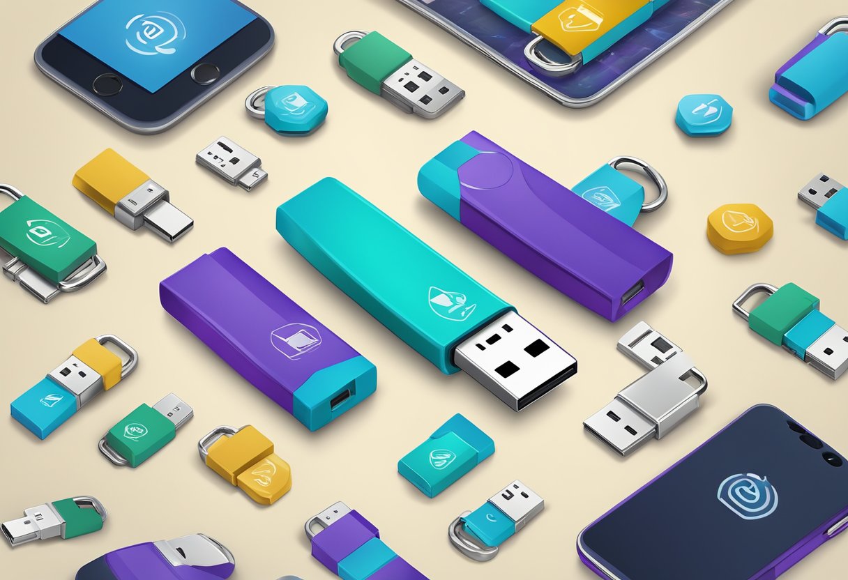 A branded thumb drive surrounded by FAQ symbols and corporate branding, ready to be given as a corporate gift
