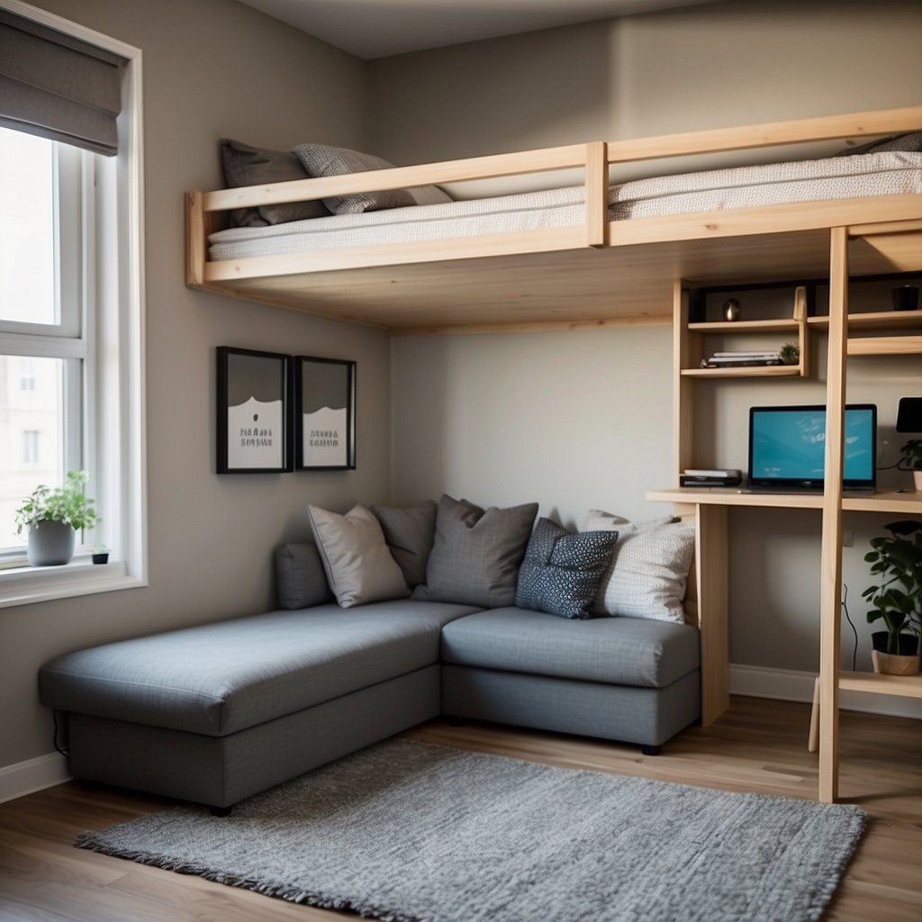 A small apartment with clever space-saving designs: loft bed over a cozy reading nook, sliding doors for flexible room division, and built-in storage under the stairs