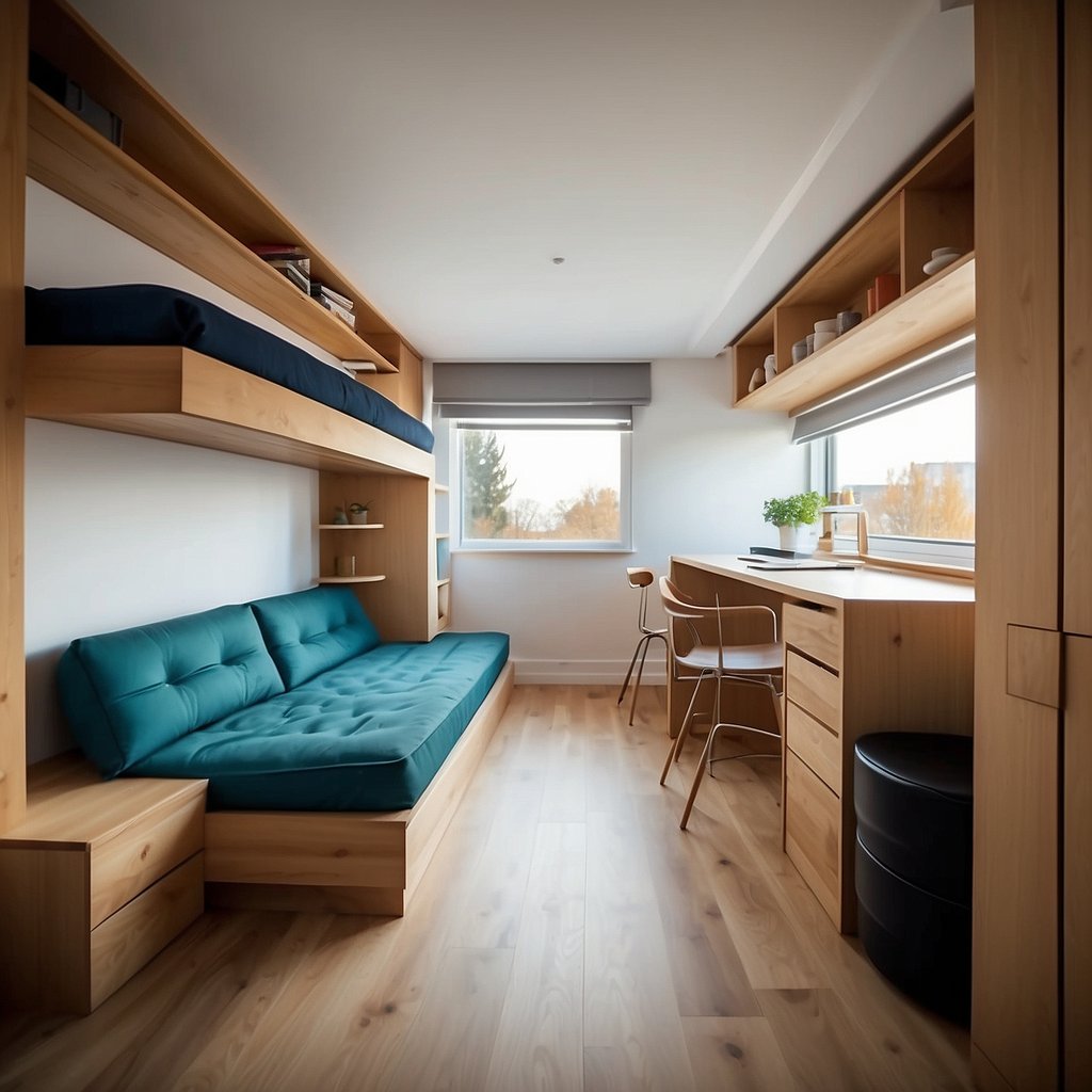 A small apartment with clever space-saving designs: lofted bed, hidden storage, and multifunctional furniture. Bright colors and natural light create a cozy, open feel