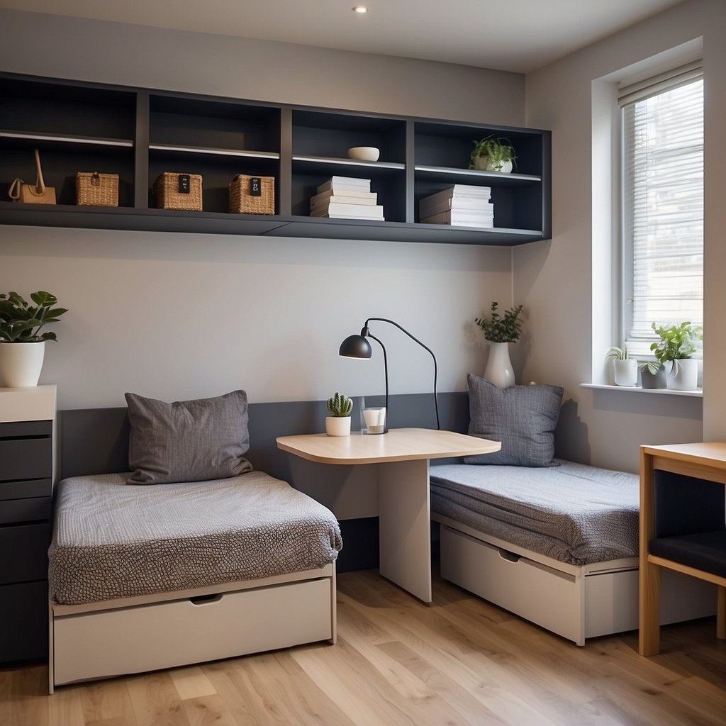 A small apartment with clever storage solutions: wall-mounted shelves, under-bed drawers, and fold-down tables. Efficient use of space and organization