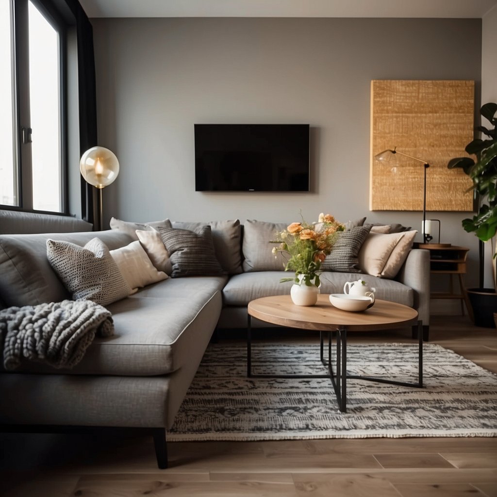 A small living room with a sofa and coffee table, positioned to create a cozy seating area. A wall-mounted shelf with decorative items and a floor lamp maximize space