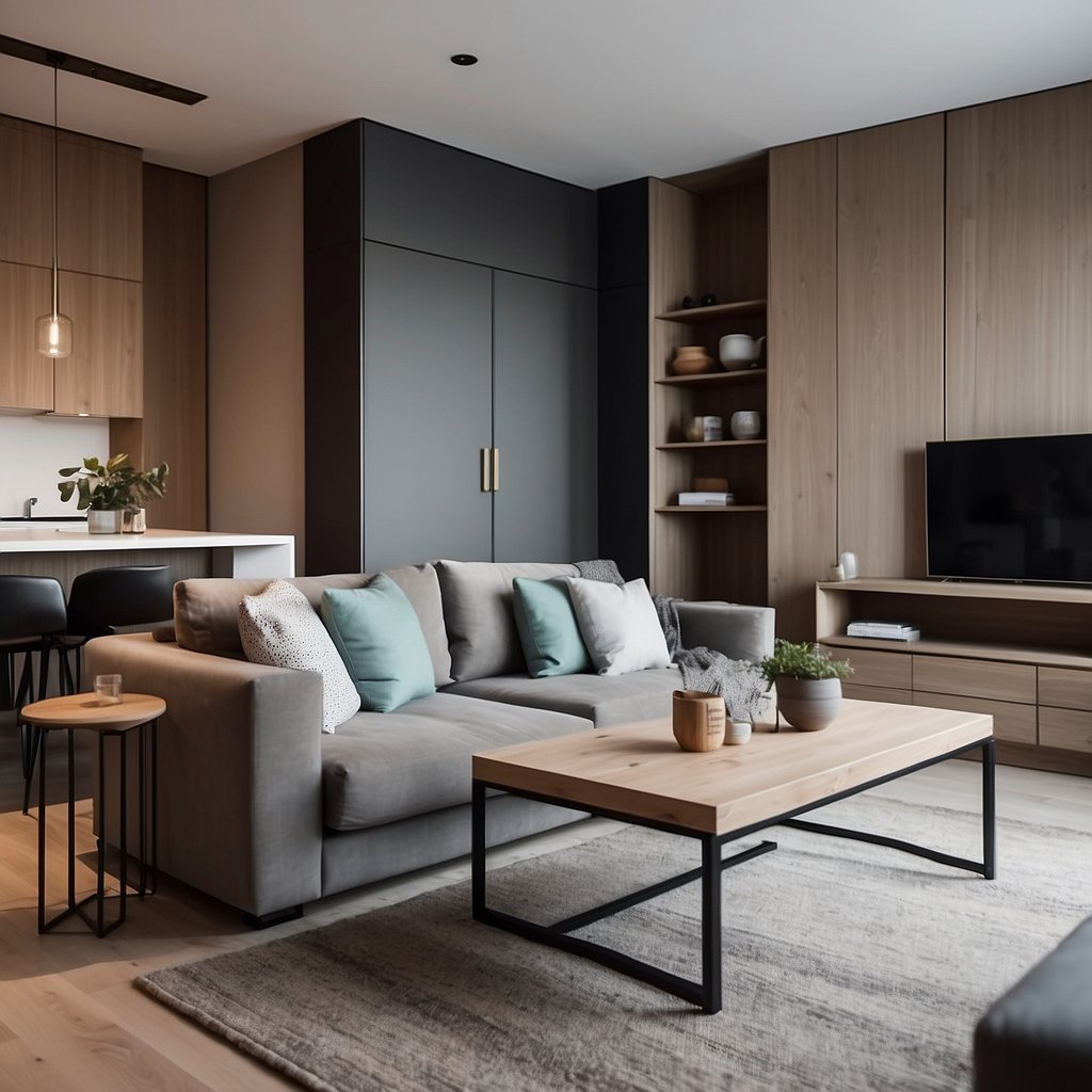 A cozy living room with a multi-functional sofa bed, hidden storage solutions, and a foldable dining table in a small apartment