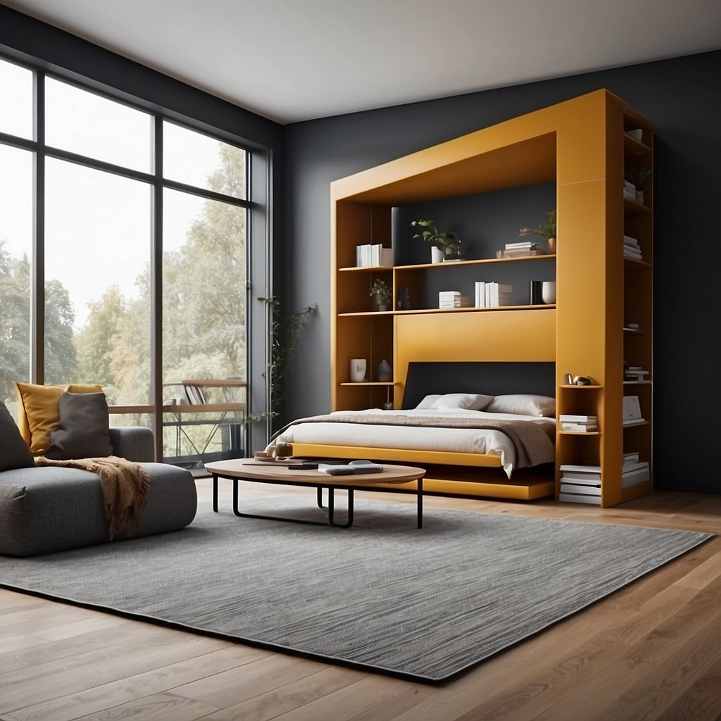 A room divider separates the living and sleeping areas, providing privacy. The divider is a multifunctional piece of furniture, with shelves and storage compartments to maximize space