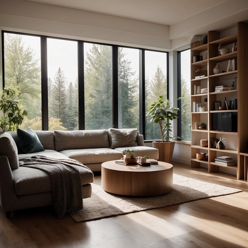 A small, well-lit living room with clever space-saving furniture and storage solutions. Bright natural light floods in through large windows, creating a sense of openness and airiness