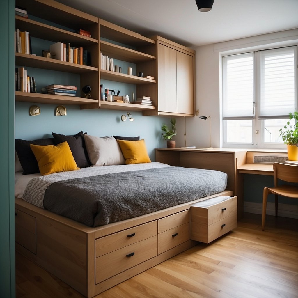 A small apartment with clever storage solutions, such as built-in shelving, multi-functional furniture, and space-saving organizers. Bright colors and natural light create an inviting atmosphere