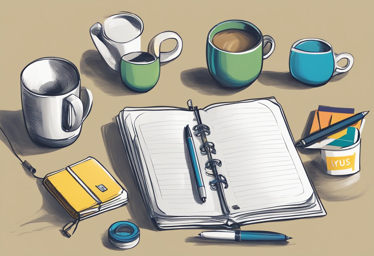 A table displays various branded items: mugs, pens, and notebooks. A banner reads "Thank you for your support!" A corporate logo is prominently featured