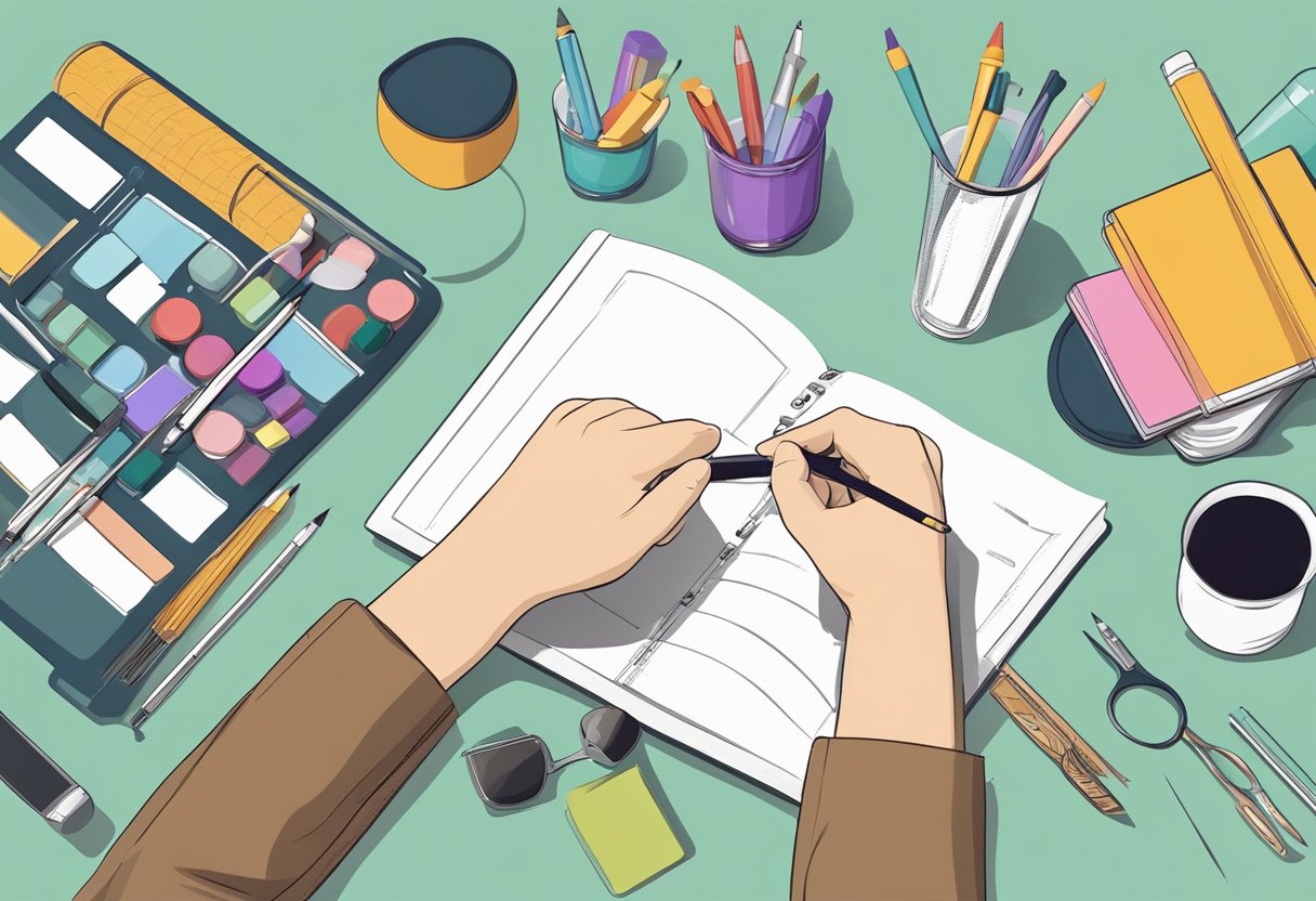 A hand reaching for a blank tumbler, surrounded by design tools and materials