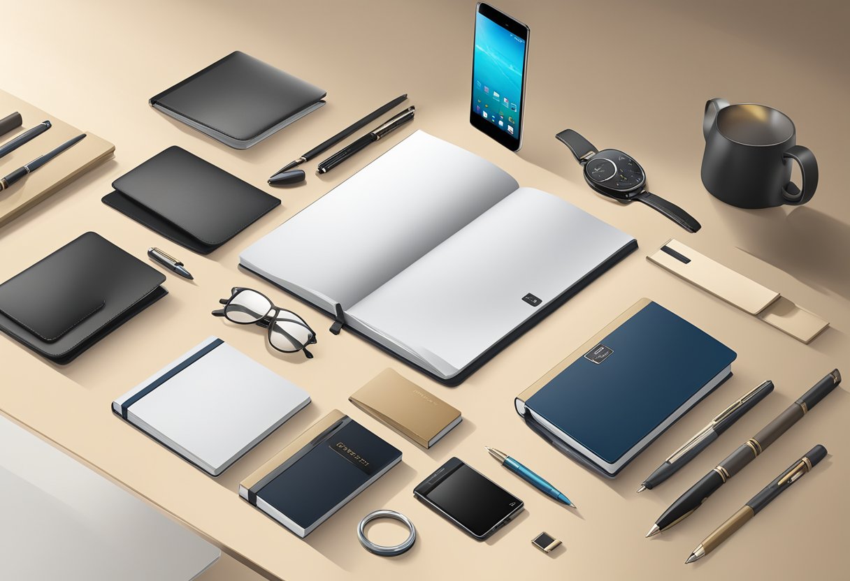 A table displays a variety of corporate door gifts, including branded notebooks, elegant pen sets, and sleek tech gadgets