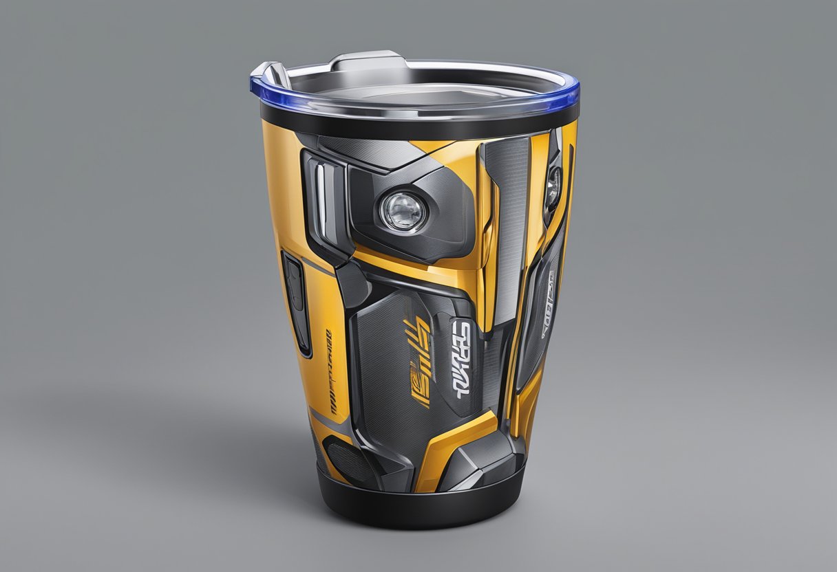 A tumbler being customized with a personalized design using specialized equipment and tools