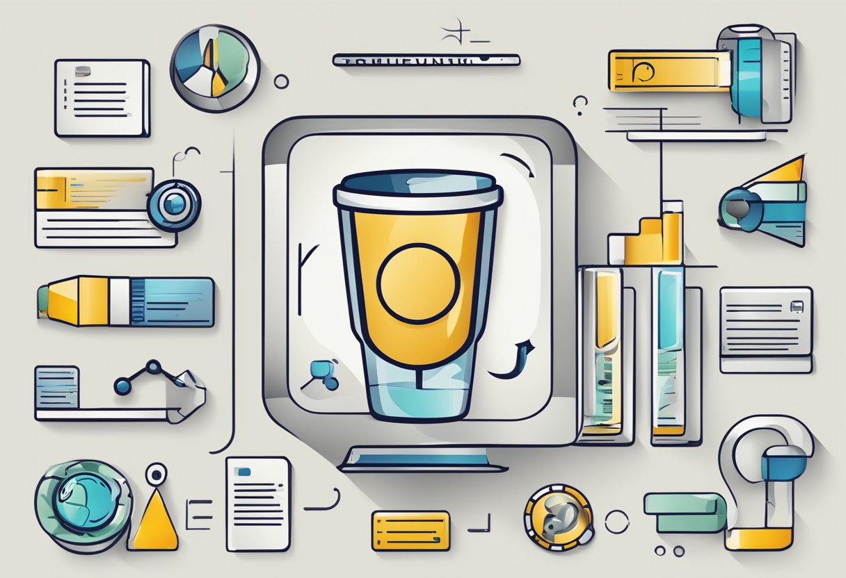 A tumbler with "Frequently Asked Questions" text, surrounded by customizable elements