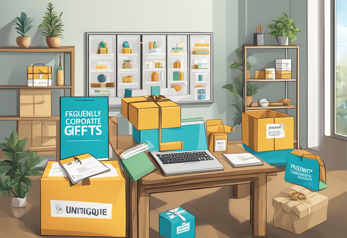 A table displaying various corporate gifts with a sign reading "Frequently Asked Questions unique corporate door gifts" in a well-lit room