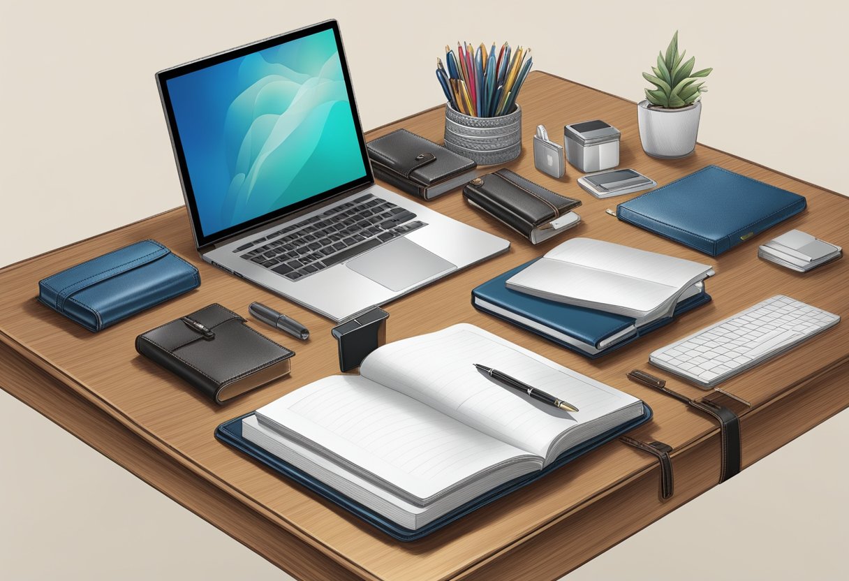 A table adorned with luxurious corporate gifts, including leather-bound planners, engraved pens, and sleek electronic gadgets