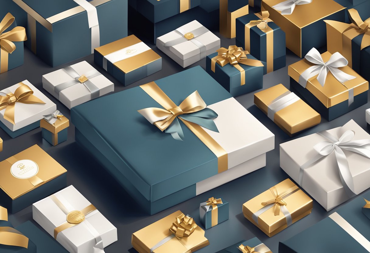 A hand reaches for a luxurious gift box among a display of high-end corporate gifts. The elegant packaging and sophisticated branding convey exclusivity and prestige