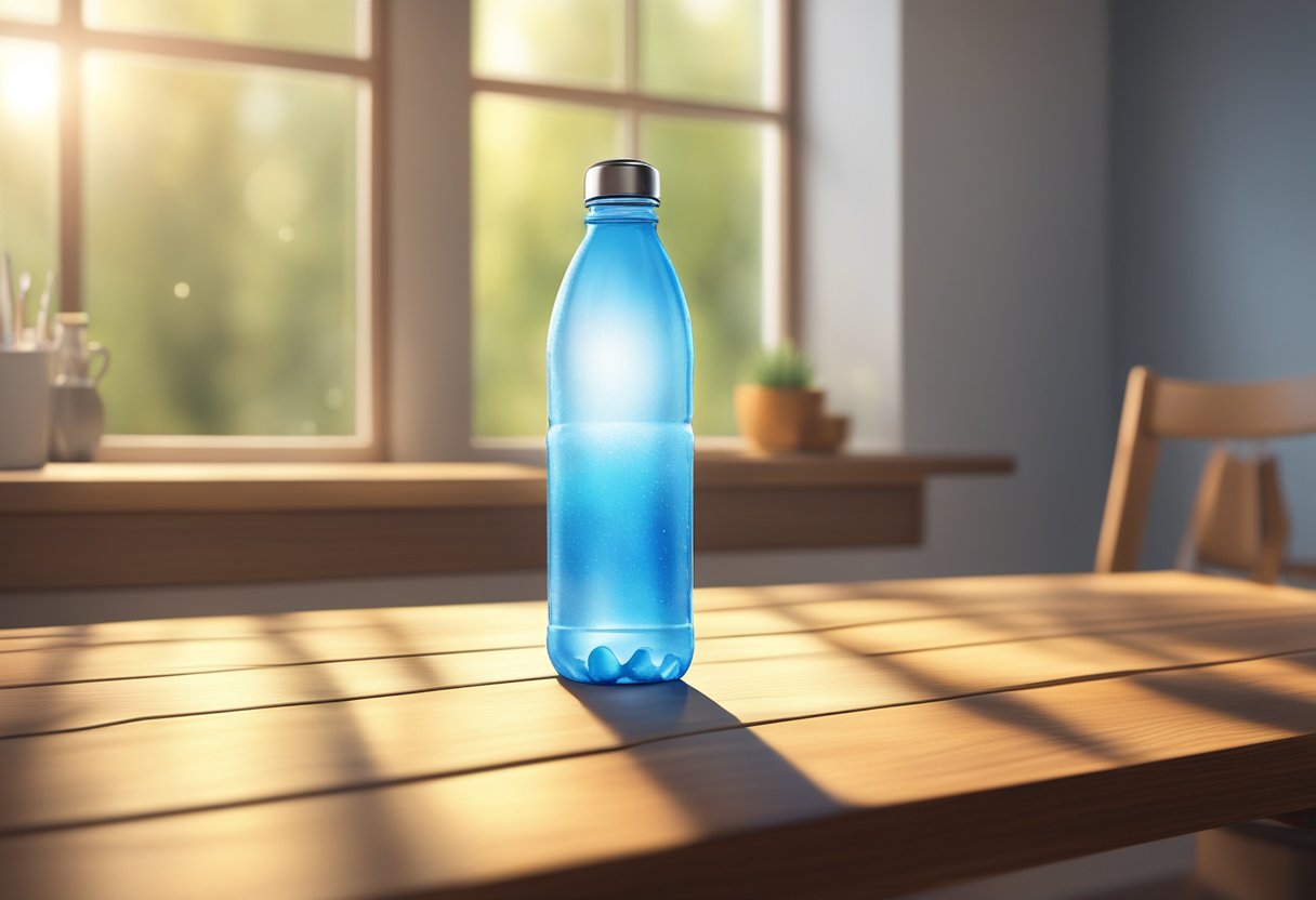 A water bottle sits on a wooden table, condensation forming on its cold surface. Sunlight filters through a nearby window, casting a warm glow on the bottle