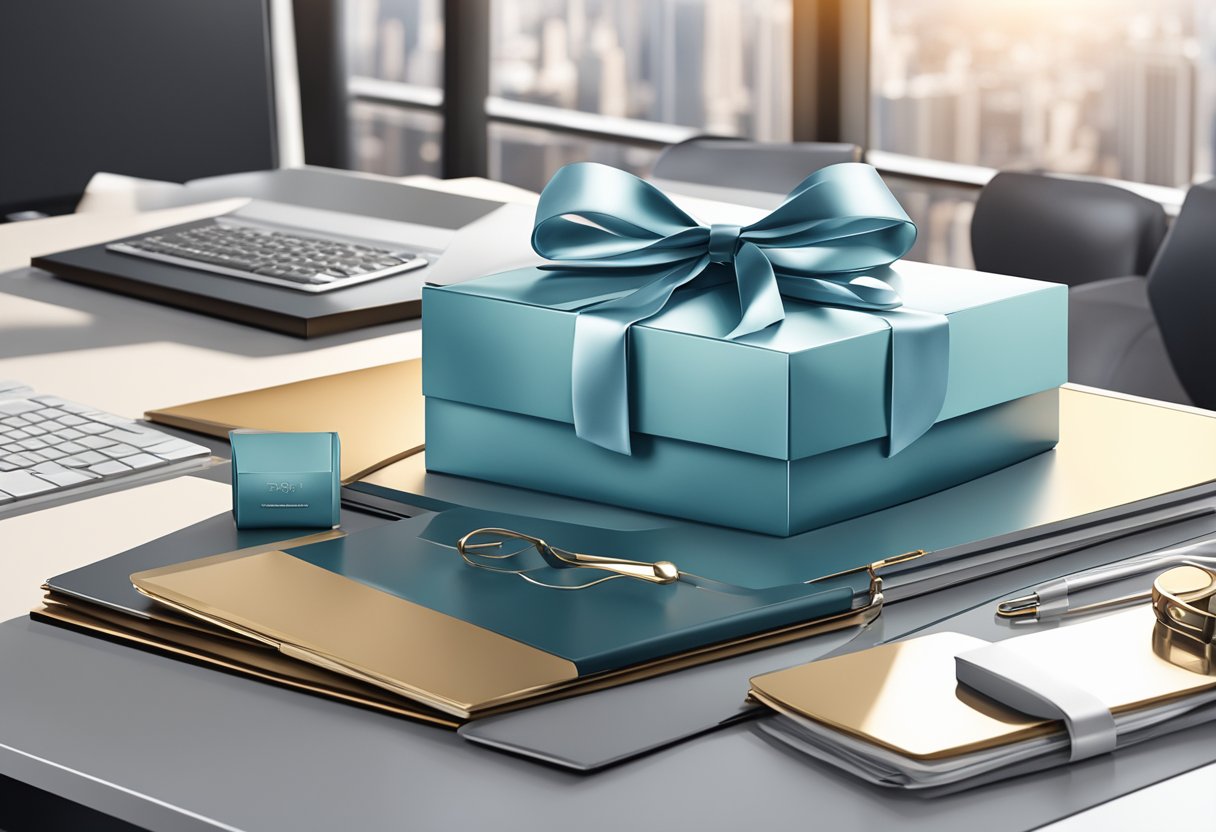 A luxurious gift box filled with high-end corporate gifts displayed on a sleek, modern desk in a sophisticated office setting