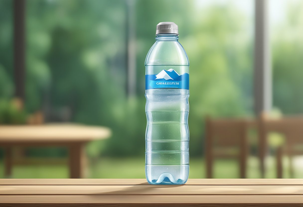 A clear plastic water bottle sits on a wooden table, condensation forming on its surface. The label shows the brand name and logo