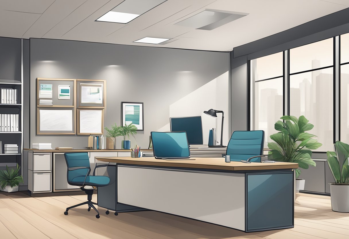 A sleek, modern office setting with a table displaying high-end corporate gifts and a sign reading "Frequently Asked Questions."