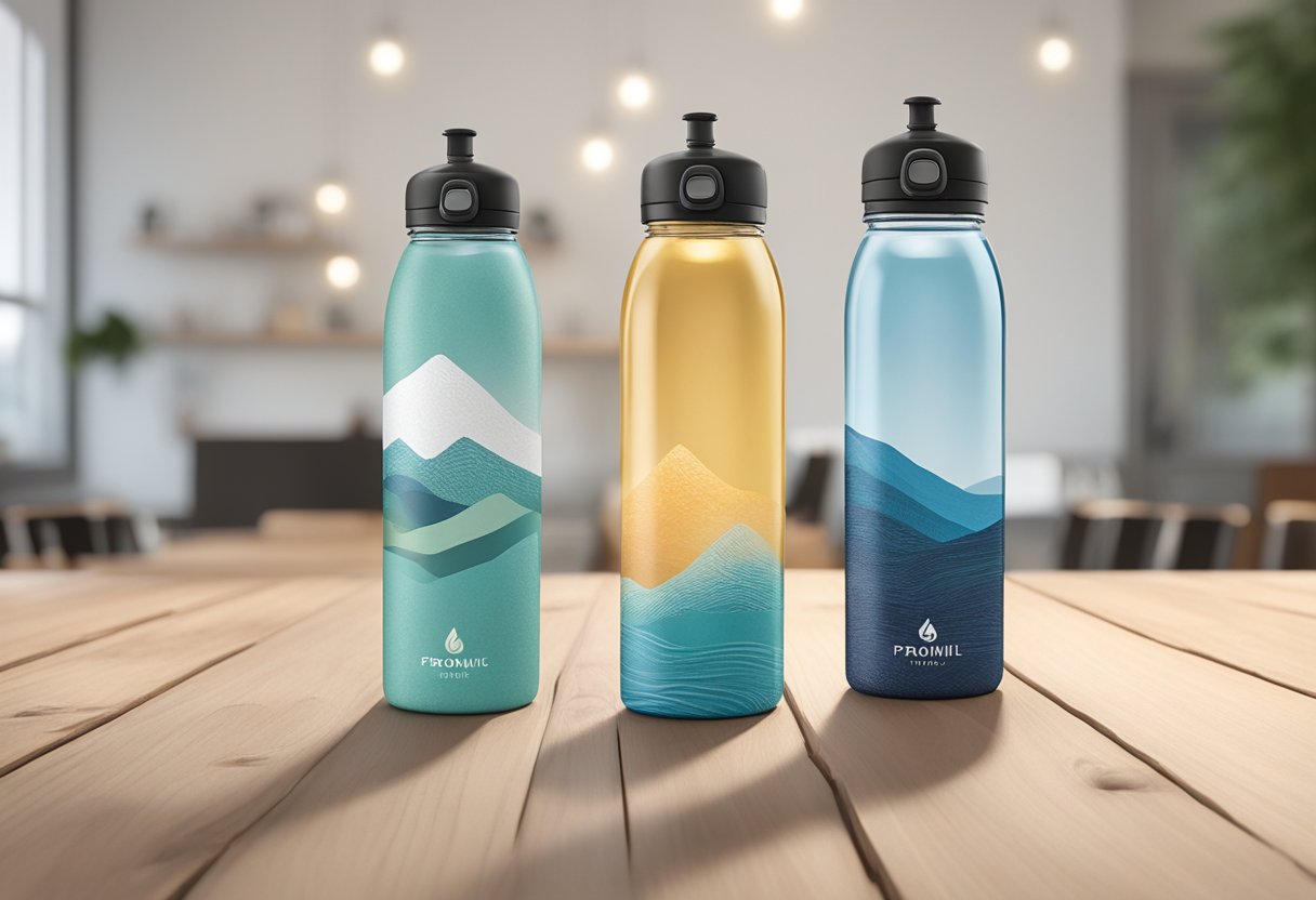 A sleek water bottle sits on a wooden table, with a screw-on cap and a textured grip for easy handling. The label prominently displays the brand logo and a refreshing image of water
