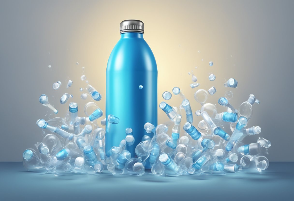 A water bottle surrounded by question marks, with a spotlight shining on it