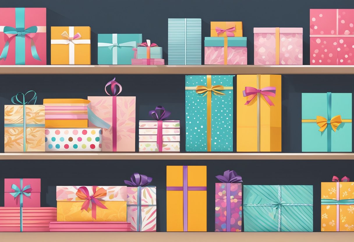 A stack of wholesale custom gift boxes arranged neatly on a shelf, with colorful designs and ribbons, ready for distribution