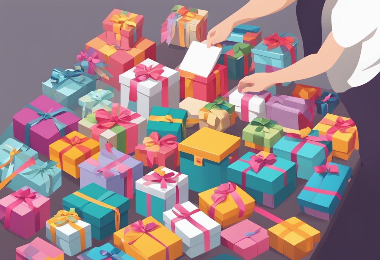 A table is covered with various custom gift boxes in different sizes and designs. A person is arranging them neatly, with colorful ribbons and tags nearby